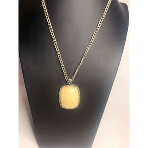 813 Lucky brand Necklace Silver Tone Yellow Cream Stone Pendant Heavy 17"-19"